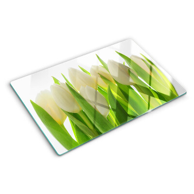 Üveg vágódeszka Tulipánok zöld levelek hátterében