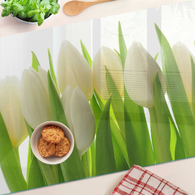 Üveg vágódeszka Tulipánok zöld levelek hátterében