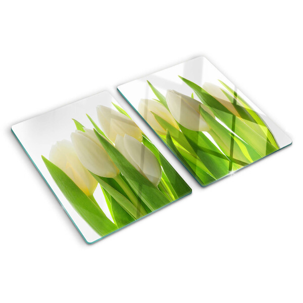 Üveg vágódeszka Tulipánok zöld levelek hátterében