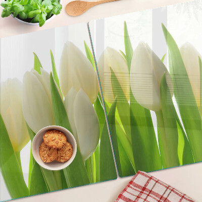 Üveg vágódeszka Tulipánok zöld levelek hátterében