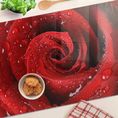 Üveg vágódeszka Vörös rózsa vízcseppekkel
