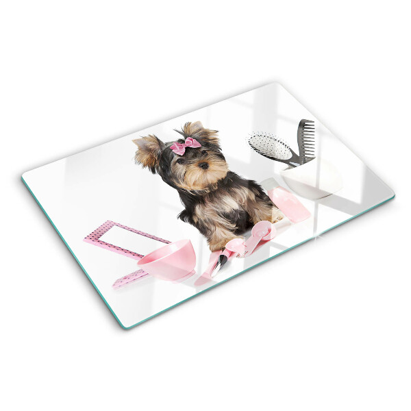 Üveg vágódeszka fényképpel Yorkshire Terrier ápolási kellékekkel