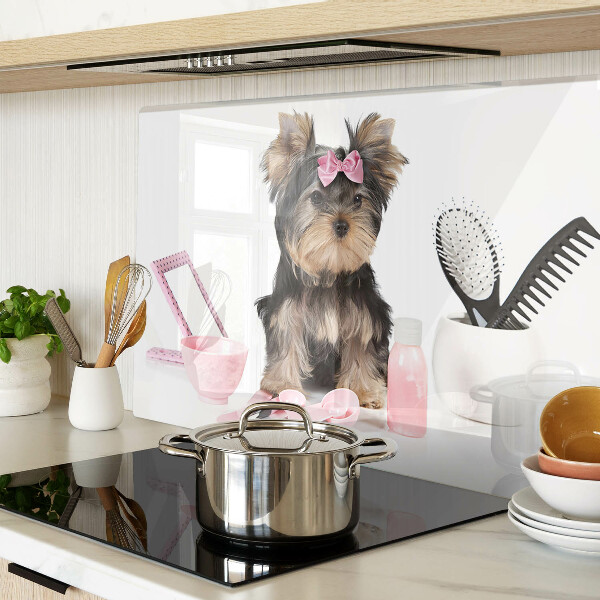 Üveg vágódeszka fényképpel Yorkshire Terrier ápolási kellékekkel