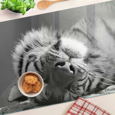 Üveg vágódeszka fényképpel Tigris fekete-fehérben
