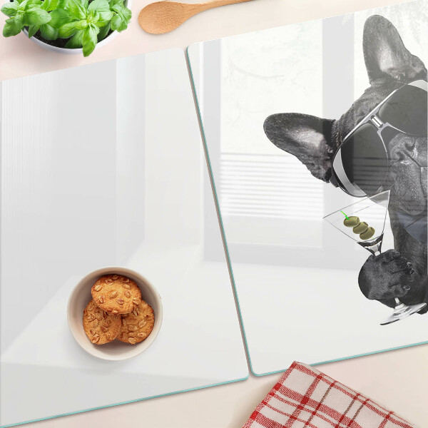 Üveg vágódeszka fényképpel Napszemüveget viselő kutya