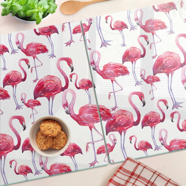 Üveg vágódeszka fényképpel Flamingók fehér alapon