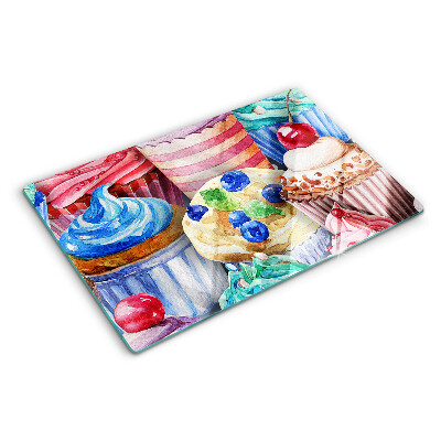 Üveg vágódeszka fényképpel Cupcakes és színes sütemények