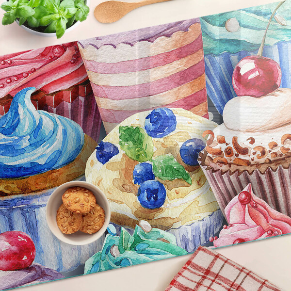 Üveg vágódeszka fényképpel Cupcakes és színes sütemények
