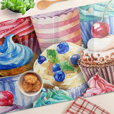 Üveg vágódeszka fényképpel Cupcakes és színes sütemények