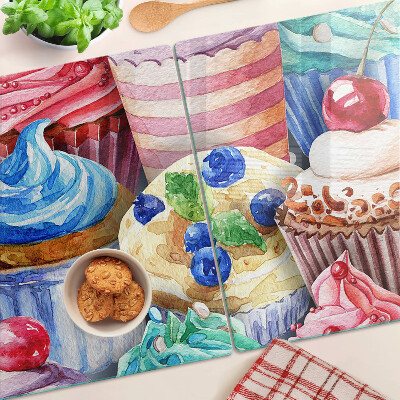 Üveg vágódeszka fényképpel Cupcakes és színes sütemények