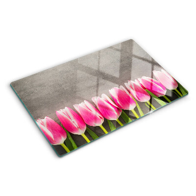 Üveg vágódeszka fényképpel Tulipánok szürke háttéren
