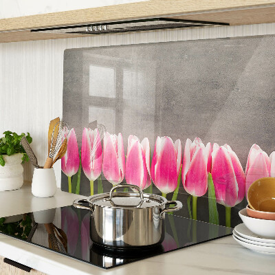 Üveg vágódeszka fényképpel Tulipánok szürke háttéren