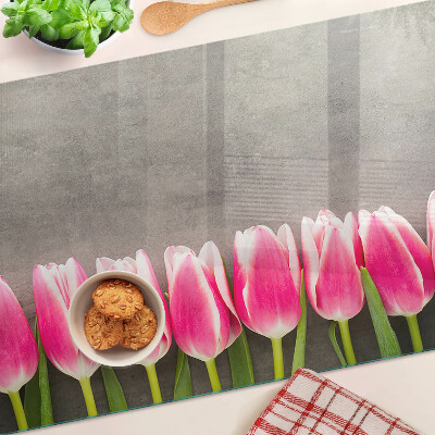 Üveg vágódeszka fényképpel Tulipánok szürke háttéren