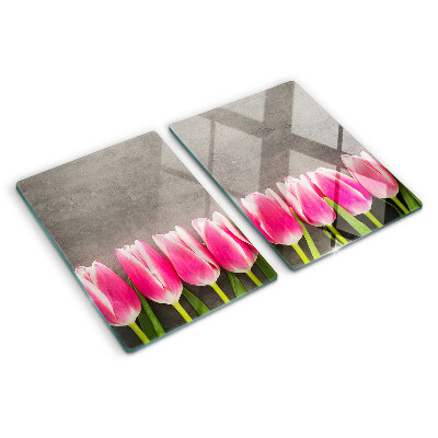Üveg vágódeszka fényképpel Tulipánok szürke háttéren