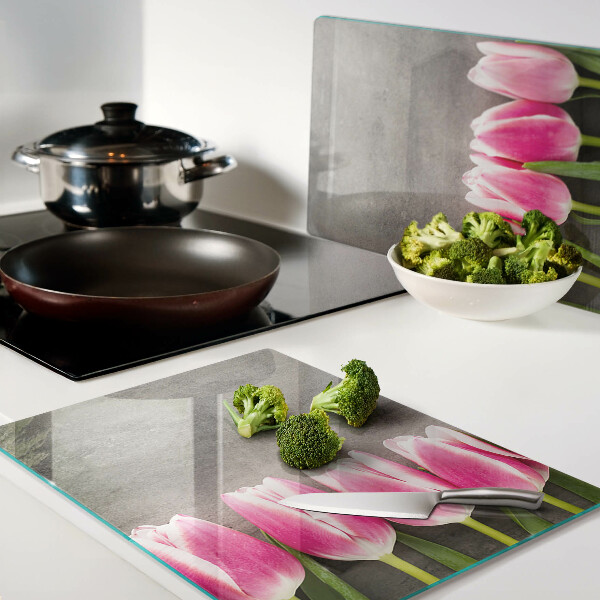 Üveg vágódeszka fényképpel Tulipánok szürke háttéren