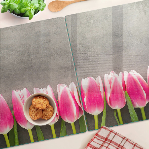 Üveg vágódeszka fényképpel Tulipánok szürke háttéren