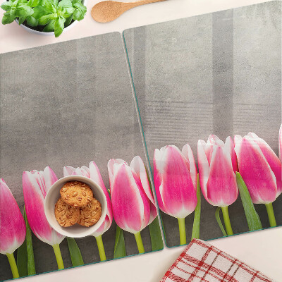 Üveg vágódeszka fényképpel Tulipánok szürke háttéren