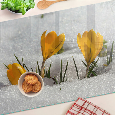 Üveg vágódeszka fényképpel Krókuszok a hóban