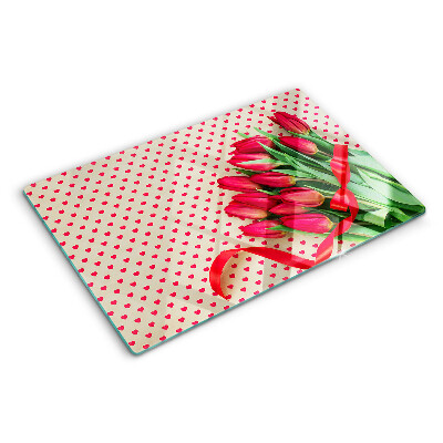 Üveg vágódeszka fényképpel Tulipánok szívekkel és szalaggal