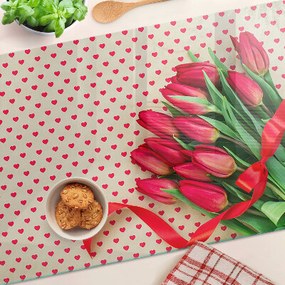 Üveg vágódeszka fényképpel Tulipánok szívekkel és szalaggal