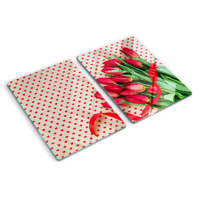 Üveg vágódeszka fényképpel Tulipánok szívekkel és szalaggal