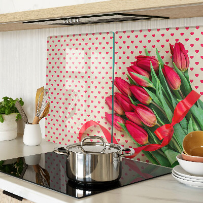 Üveg vágódeszka fényképpel Tulipánok szívekkel és szalaggal
