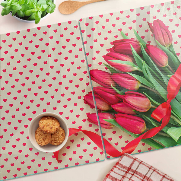 Üveg vágódeszka fényképpel Tulipánok szívekkel és szalaggal