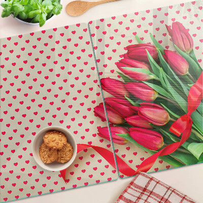 Üveg vágódeszka fényképpel Tulipánok szívekkel és szalaggal