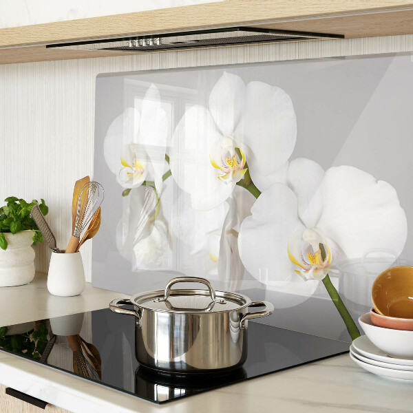 Üveg vágódeszka fényképpel Orchideák tükörkép háttér előtt