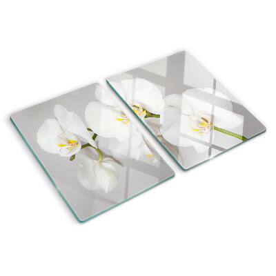 Üveg vágódeszka fényképpel Orchideák tükörkép háttér előtt