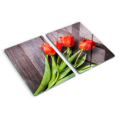Üveg vágódeszka Tulipánok fa háttéren
