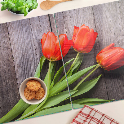 Üveg vágódeszka Tulipánok fa háttéren