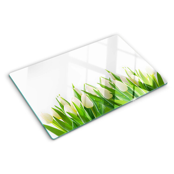 Üveg vágódeszka fényképpel Tulipánok a zöld fűben