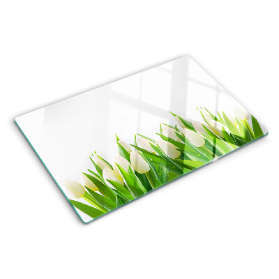 Üveg vágódeszka fényképpel Tulipánok a zöld fűben