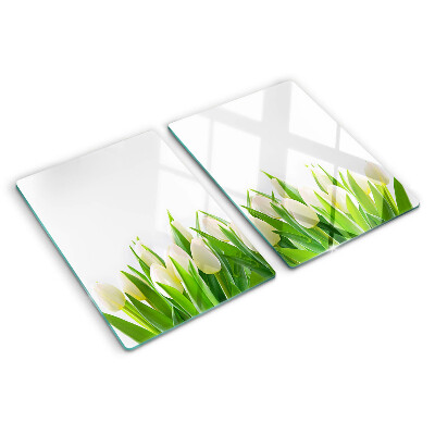 Üveg vágódeszka fényképpel Tulipánok a zöld fűben