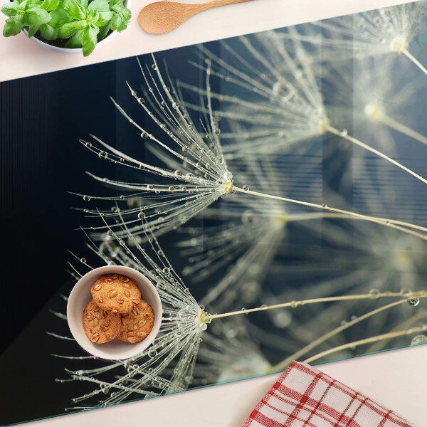 Üveg vágódeszka fényképpel Pitypangok vízcseppekkel