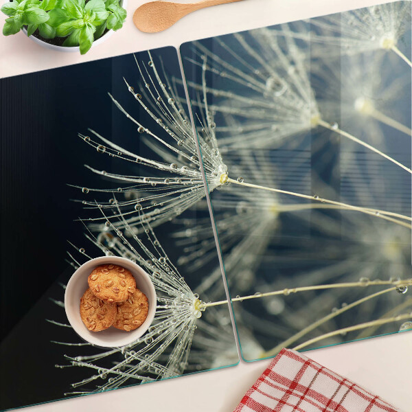 Üveg vágódeszka fényképpel Pitypangok vízcseppekkel