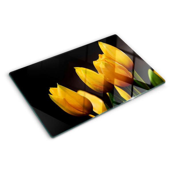 Üveg vágódeszka fényképpel Sárga tulipánok fekete alapon