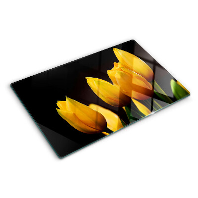 Üveg vágódeszka fényképpel Sárga tulipánok fekete alapon