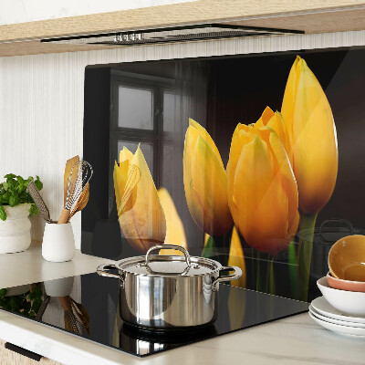 Üveg vágódeszka fényképpel Sárga tulipánok fekete alapon