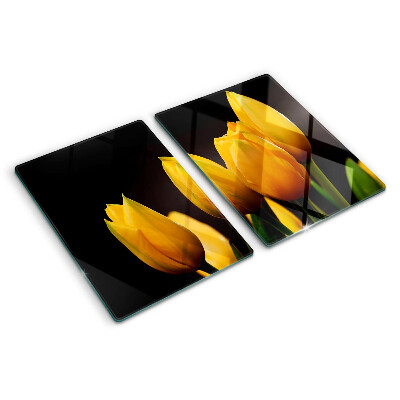 Üveg vágódeszka fényképpel Sárga tulipánok fekete alapon