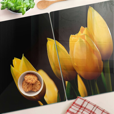 Üveg vágódeszka fényképpel Sárga tulipánok fekete alapon