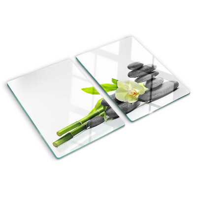 Üveg vágódeszka fényképpel Orchidea és spa kövek