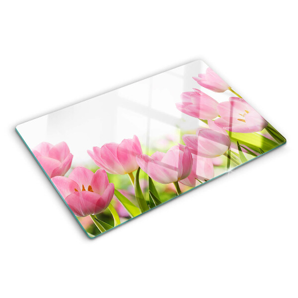Üveg vágódeszka fényképpel Rózsaszín tulipánok a kertben