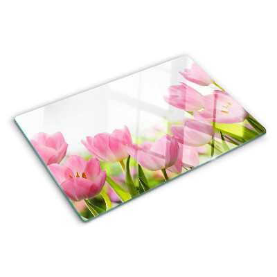 Üveg vágódeszka fényképpel Rózsaszín tulipánok a kertben
