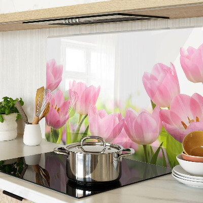 Üveg vágódeszka fényképpel Rózsaszín tulipánok a kertben