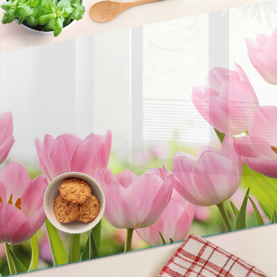 Üveg vágódeszka fényképpel Rózsaszín tulipánok a kertben