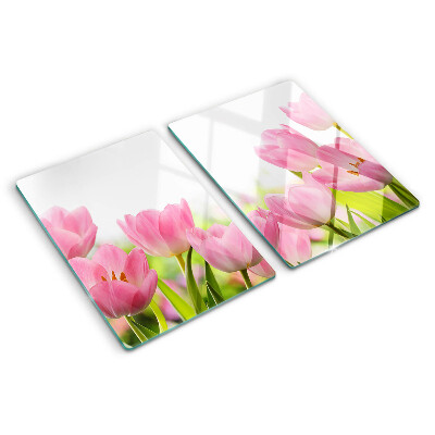 Üveg vágódeszka fényképpel Rózsaszín tulipánok a kertben