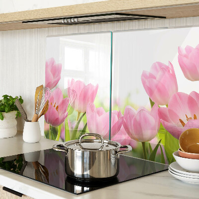 Üveg vágódeszka fényképpel Rózsaszín tulipánok a kertben