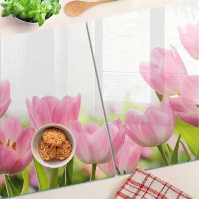 Üveg vágódeszka fényképpel Rózsaszín tulipánok a kertben